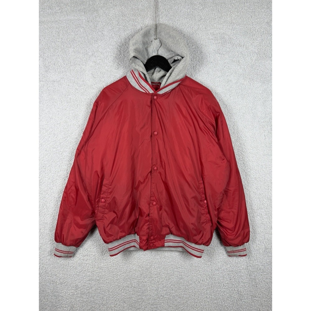 Cabela's Men L Red/Gray Full Zip/Snaps Hoodie Varsity Bomber Jacket Quite Lined